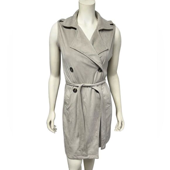 Kendall & Kylie Suede Sleeveless Robe Sweater Soft Tan Long Sweater Vest Belted - Picture 1 of 14